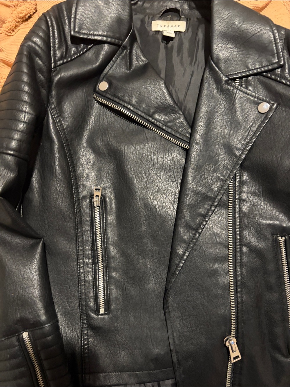 Topshop Black Faux Leather Moto Biker Jacket with Silver Hardware